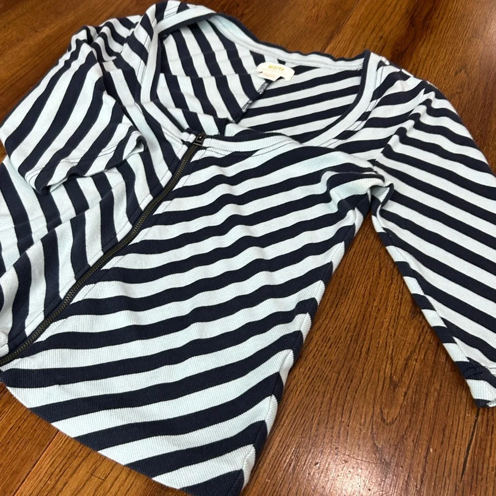 Maeve Anthropologie Blue Striped Zip Front Top Size Medium Scoop Neck Zip - Picture 12 of 12